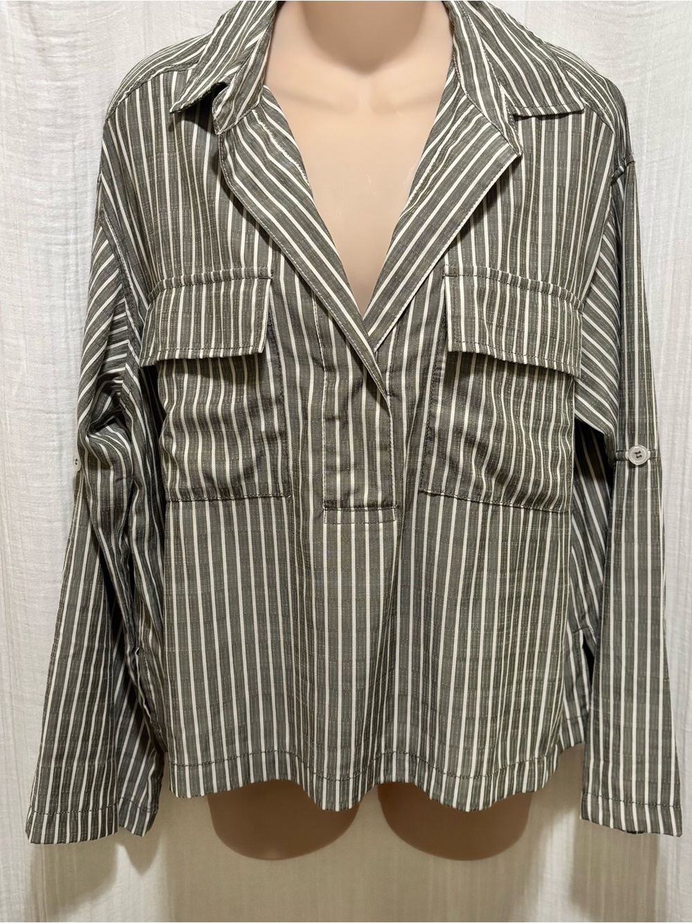 Max Studio grey and White Striped Button-Front Utility Shirt